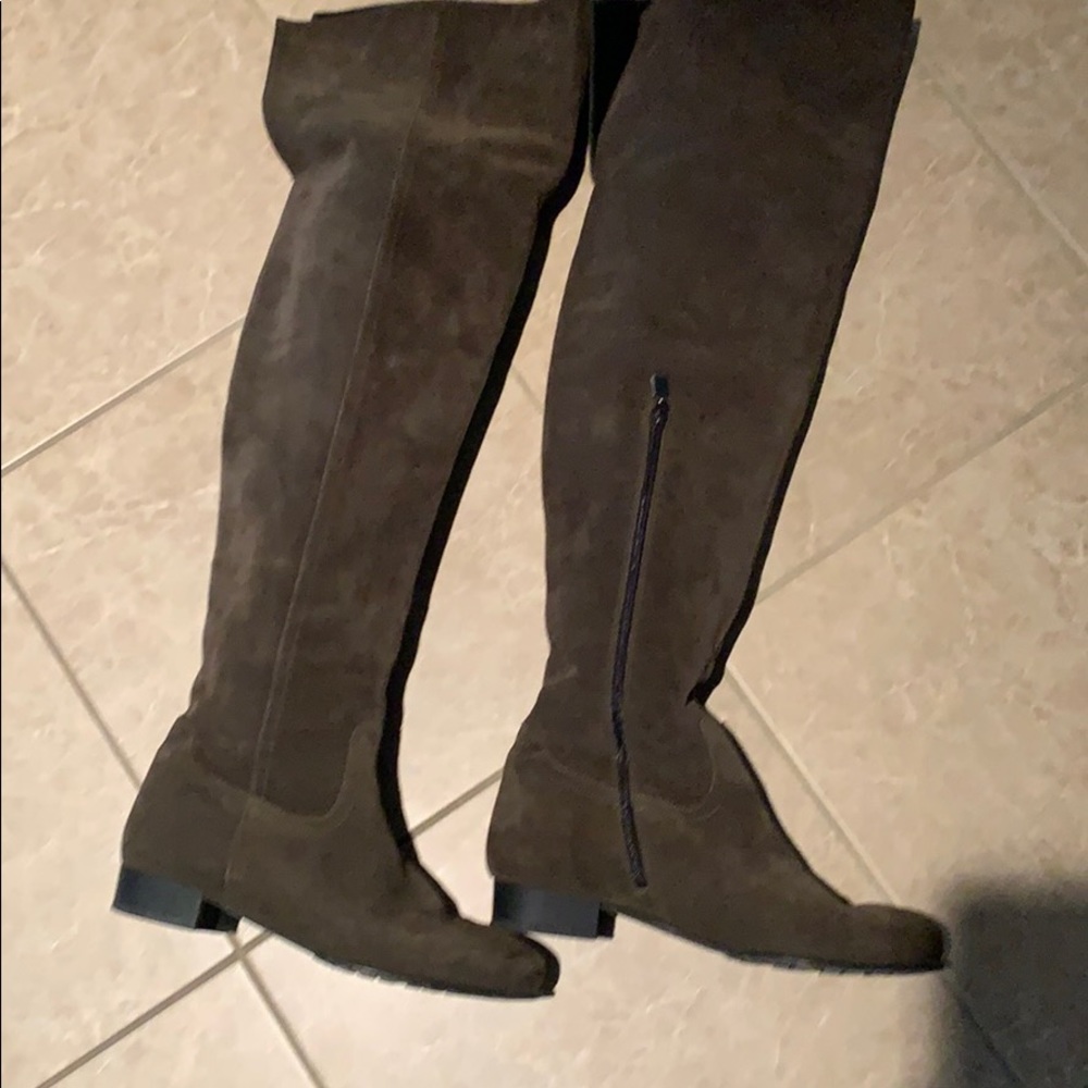Dark green suede over the knee flat boots